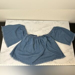 Better Be Jean 3/4 Sleeve Crop Top Women’s M Denim Raw Hem Elastic Chest F1​​